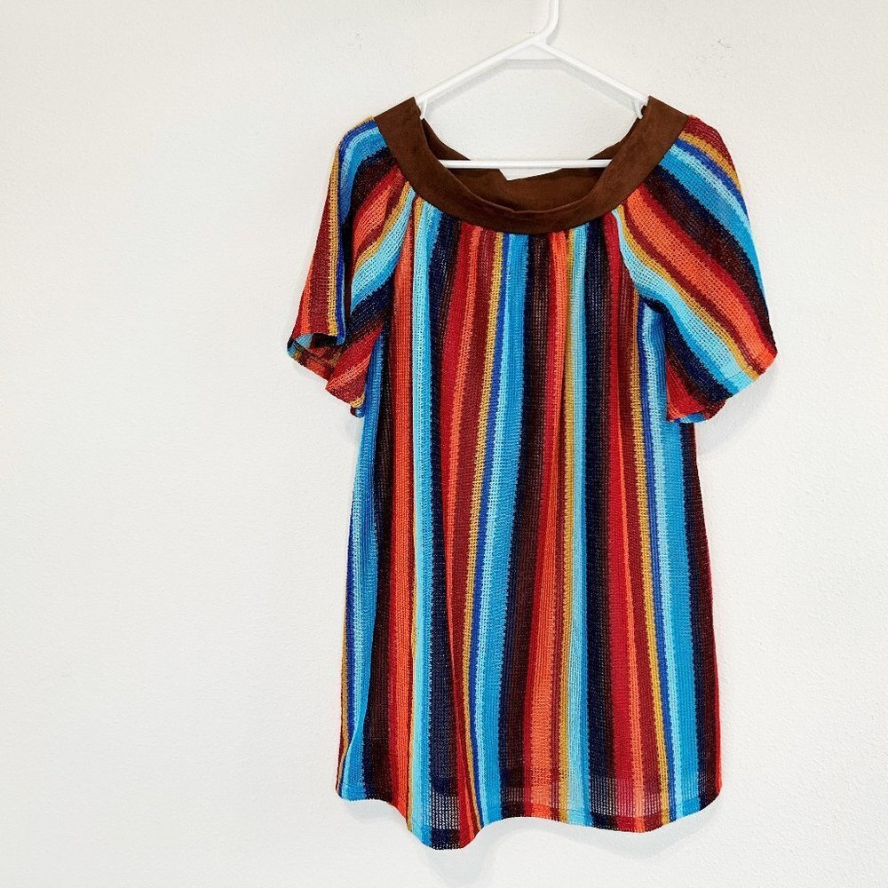 Judith March Mini Dress Size M Crochet Knit Boho Faux Suede Collar Stripe Boho